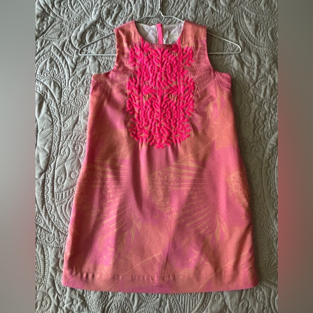 Crewcuts pink/orange palm print sheath dress 
Size 7. Gorgeous  pink embroidery.